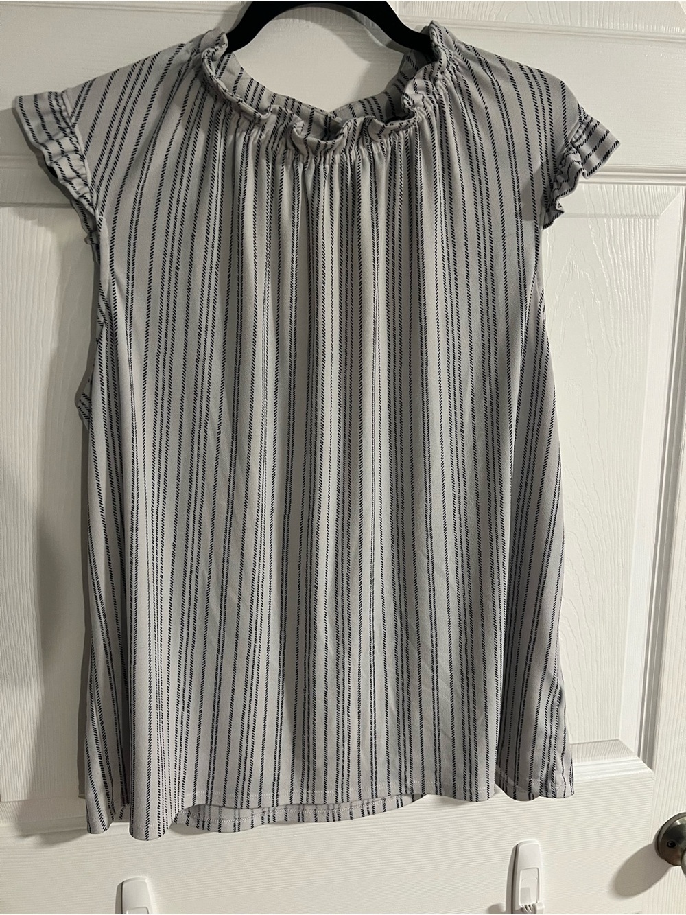 Adrianna Papell White Top with Black Vertical Stripes and Ruffle Neck